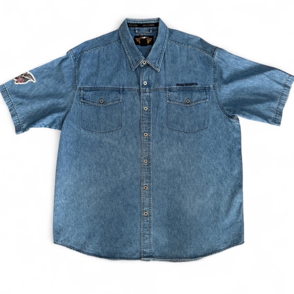 Harley Davidson Vintage Denim Button Up Shirt Embroidered Eagle Men’s Size XXL